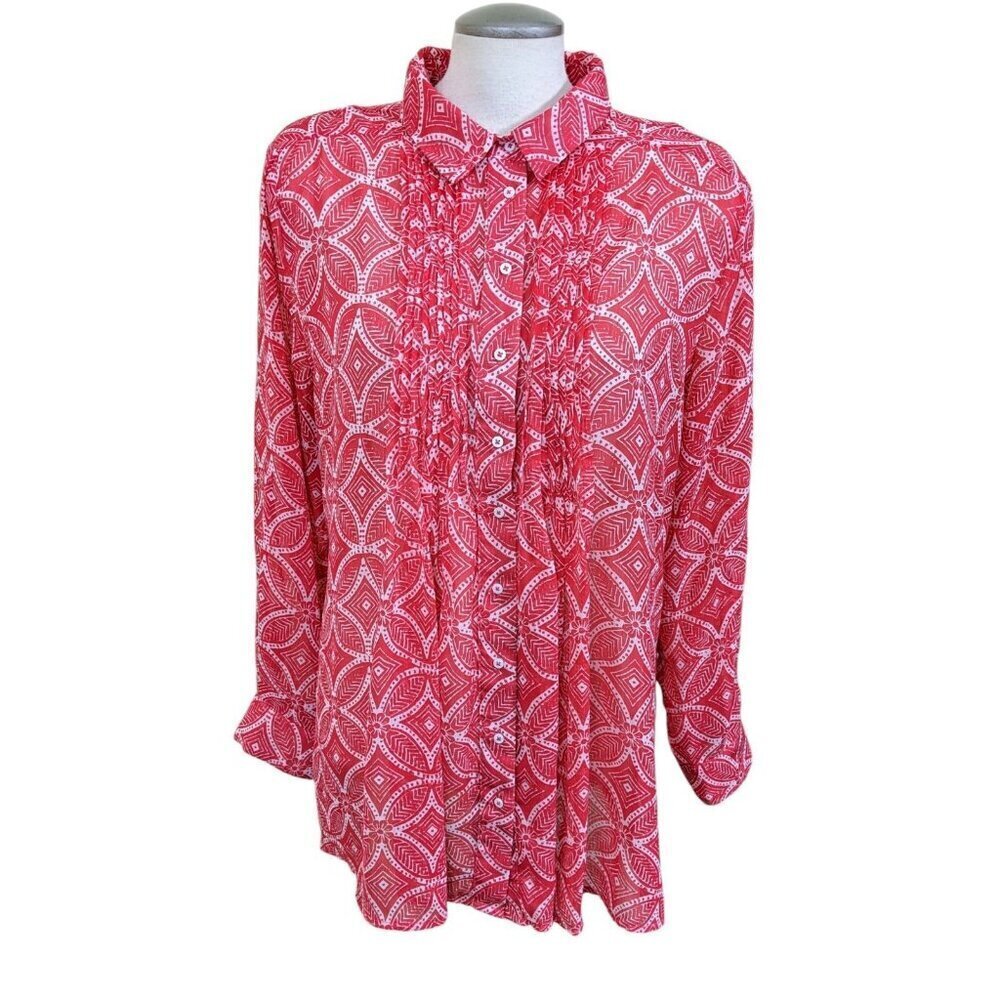 Christina B Womens Blouse XXL Chiffon Semi Sheer Geometric Floral Coral Pleated